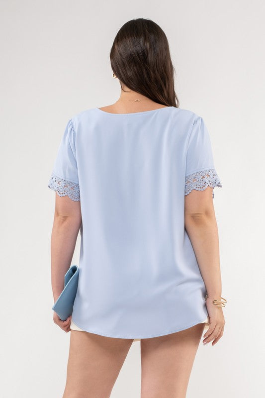 Light Chambray Front Button Lace Detail Blouse - The Street Boutique