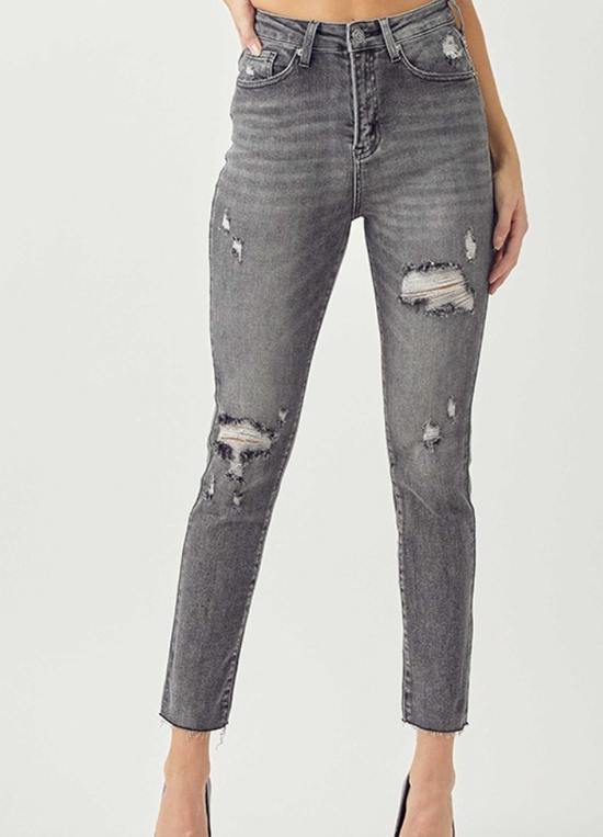 RISEN High Rise Relaxed Fit Skinny Jeans in Grey - The Street Boutique 