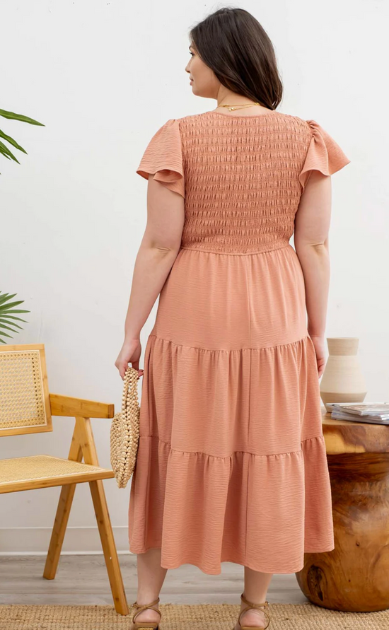 Curvy Flutter Sleeve Midi Dress in Peach - The Street Boutique 