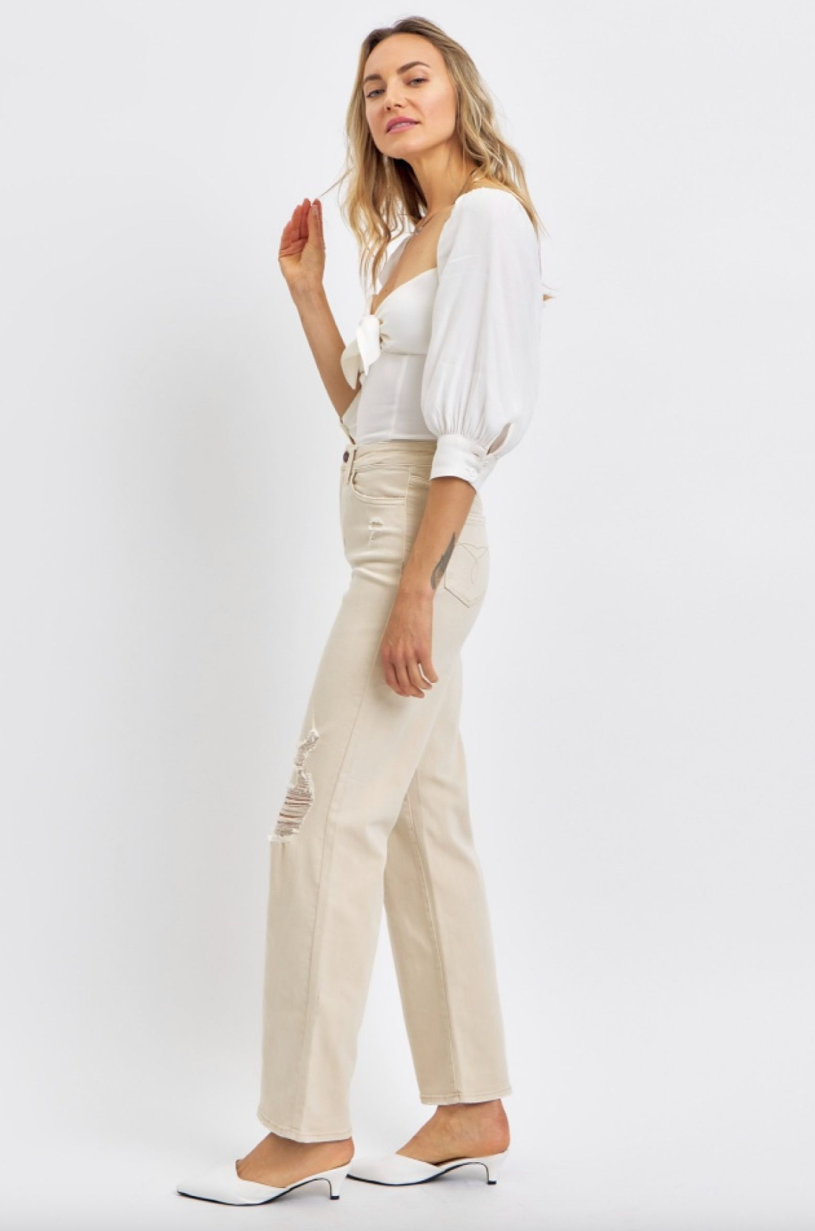 Judy Blue High Waist Bone Distressed 90s Straight Jeans - The Street Boutique