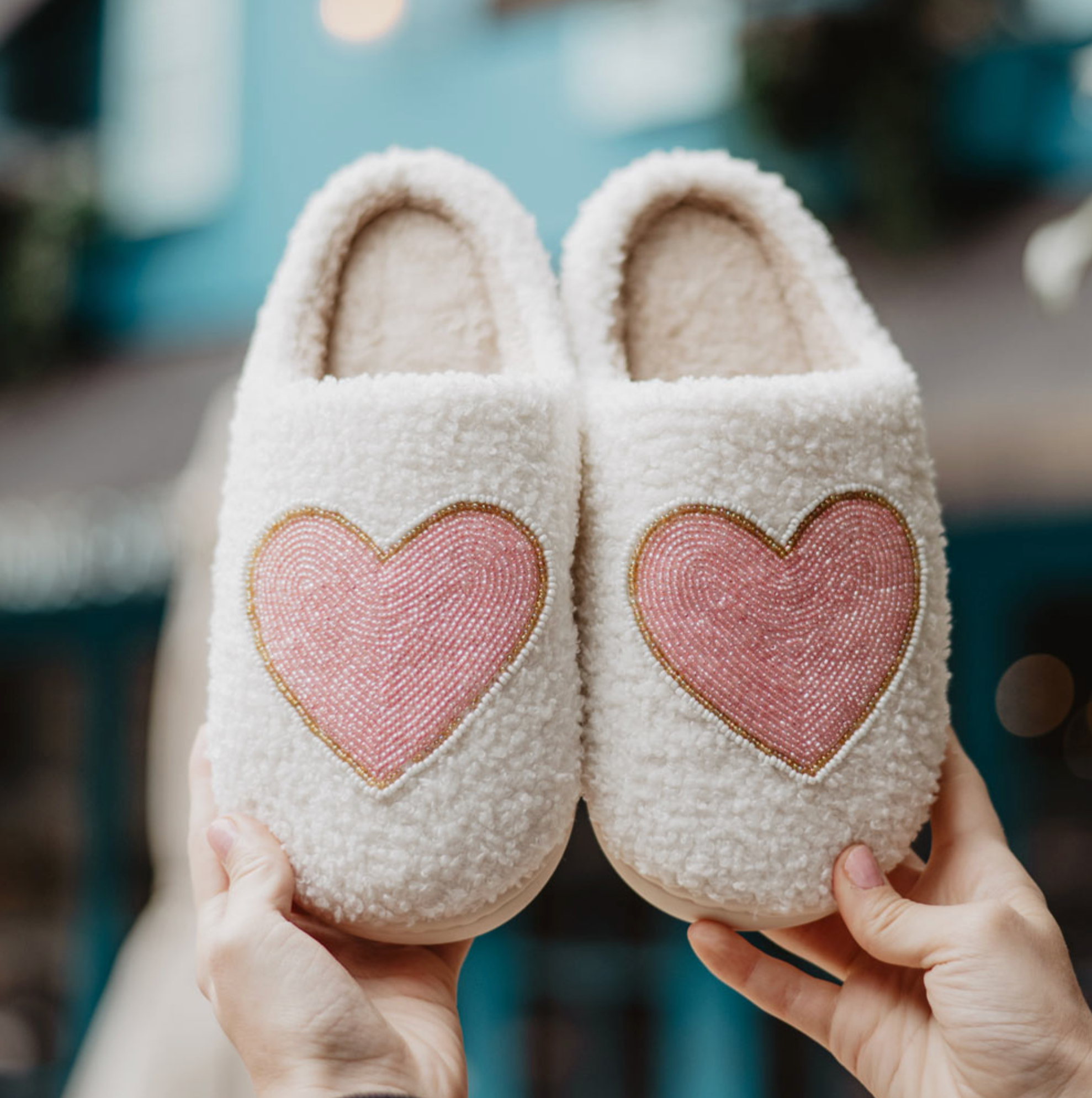 Beaded Pink & Gold Heart Valentine's Day Slippers - The Street Boutique