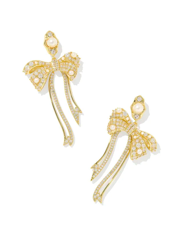 Krista Gold Bow Statement Earrings in White Mix | KENDRA SCOTT - The Street Boutique
