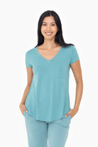 Short Sleeve V-Neck Pocket Shirt in Grey Teal - The Street Boutique 