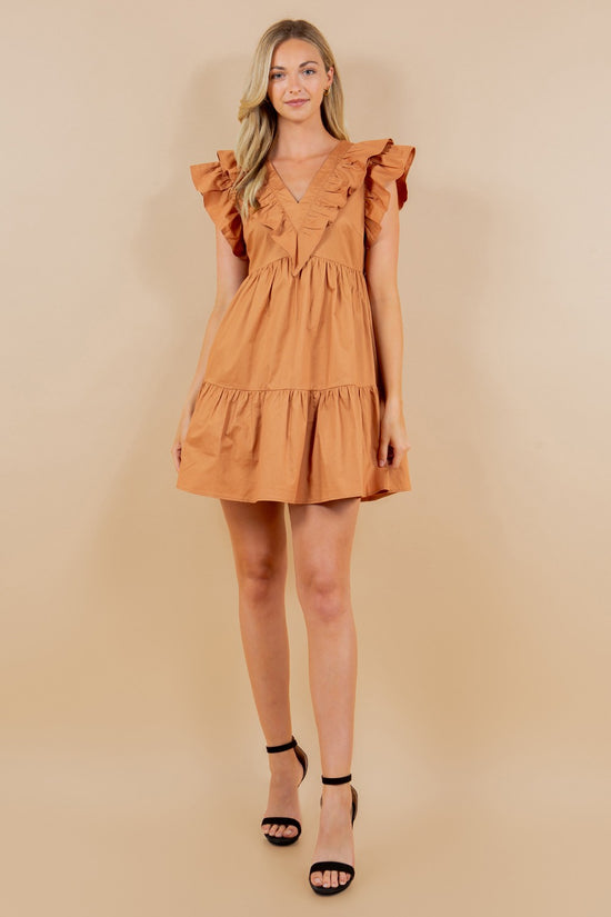 Load image into Gallery viewer, Ruffle Mini Dress in Camel - The Street Boutique 
