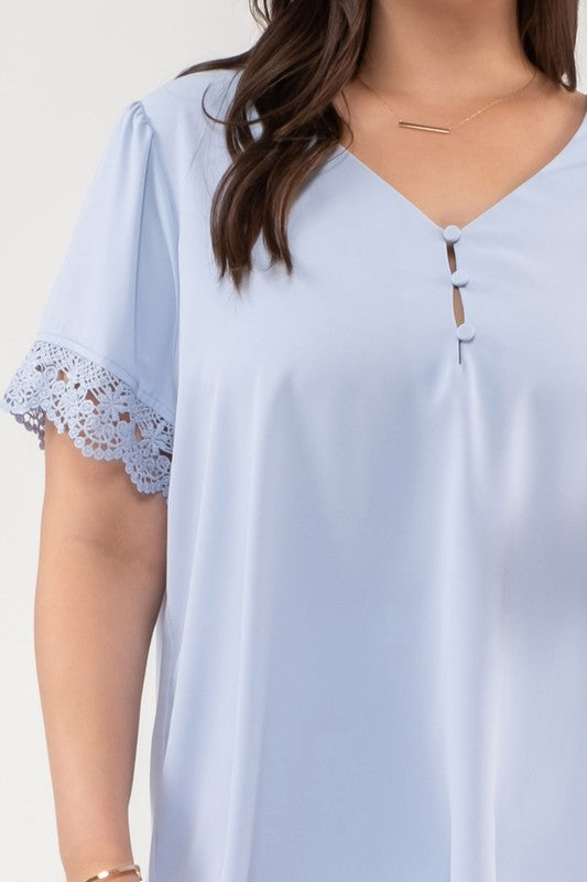 Light Chambray Front Button Lace Detail Blouse - The Street Boutique 