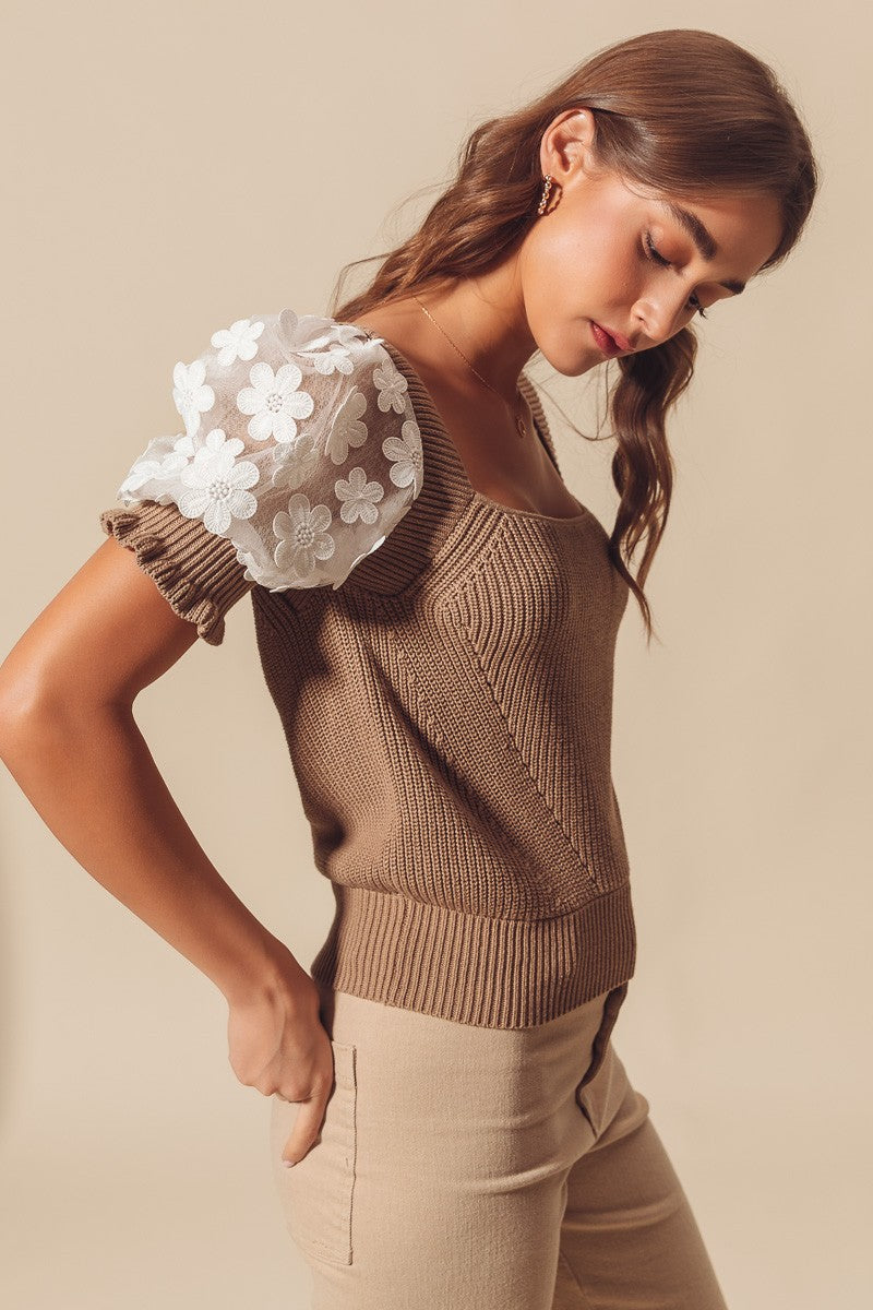 Floral Puff Sleeve Knit Sweater in Coffee - The Street Boutique 