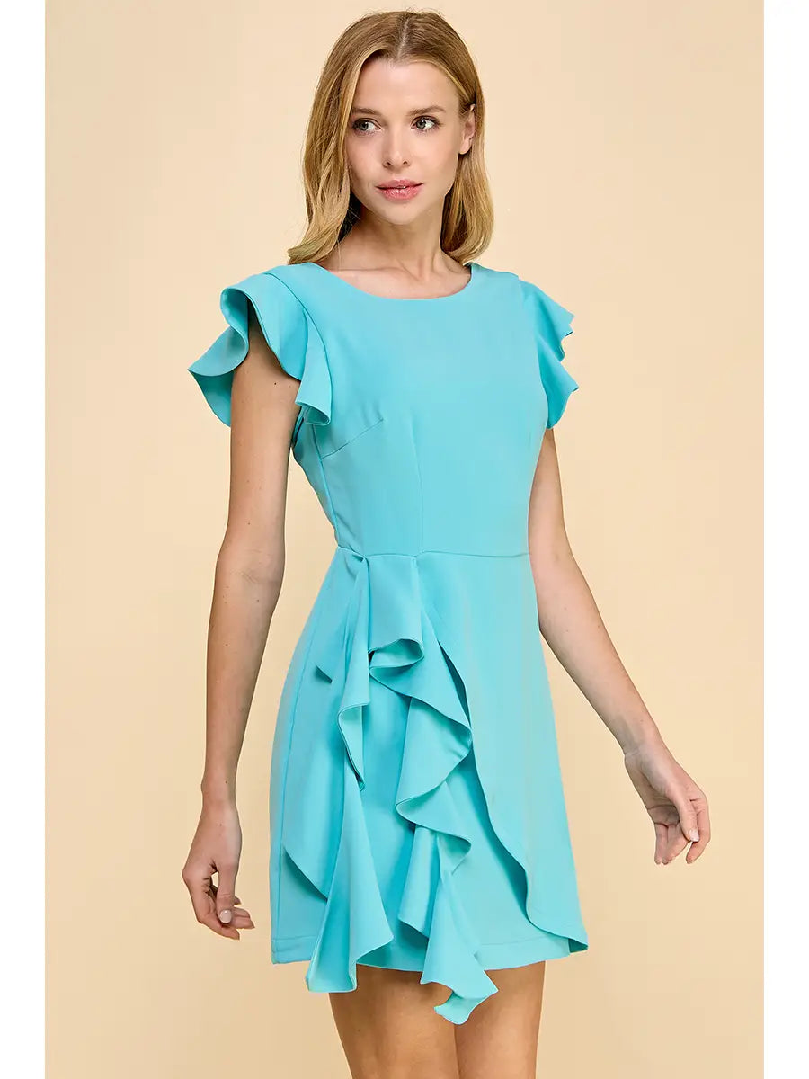 Aqua Short Ruffle Sleeve Dress - The Street Boutique 