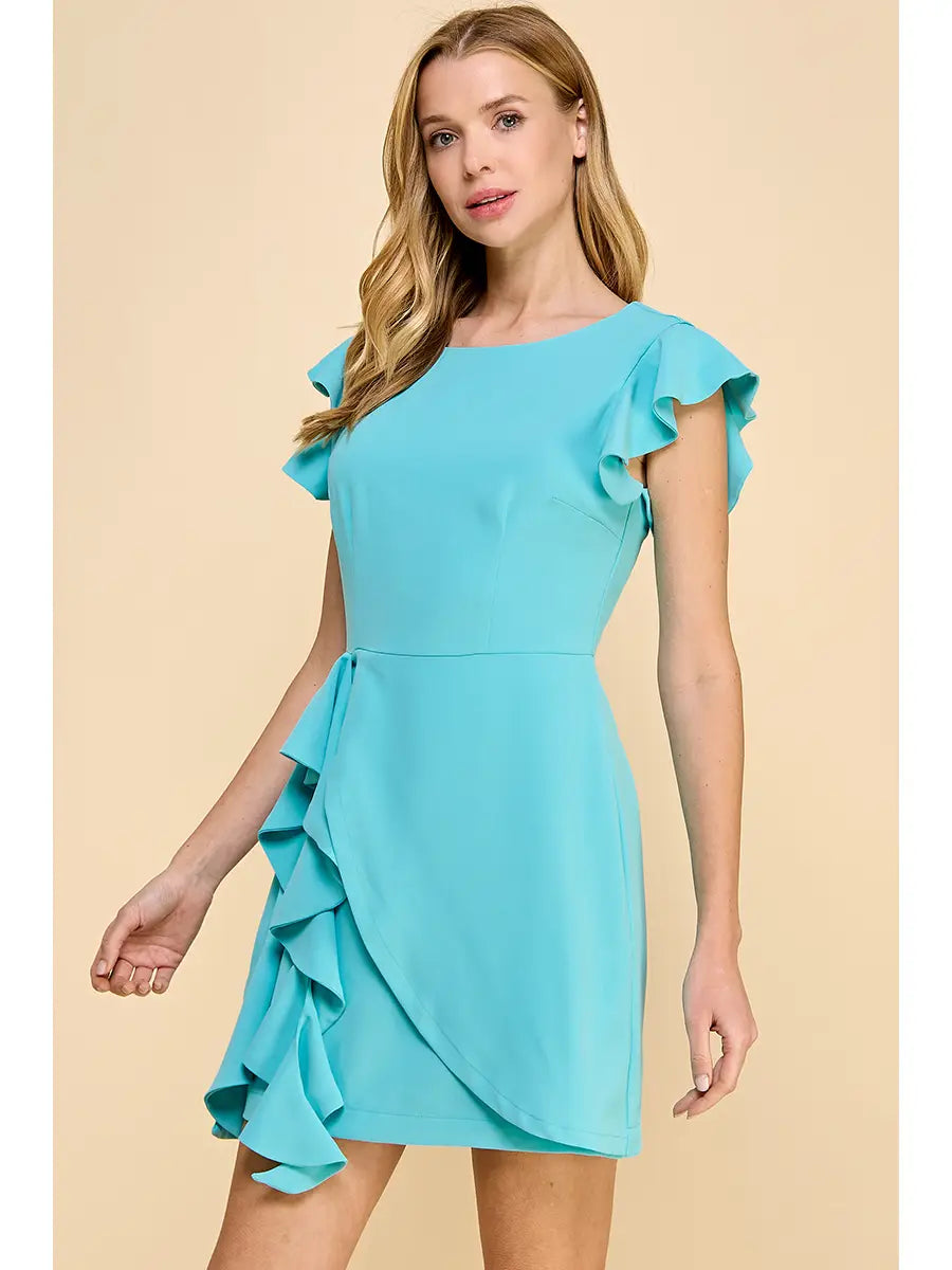 Aqua Short Ruffle Sleeve Dress - The Street Boutique 