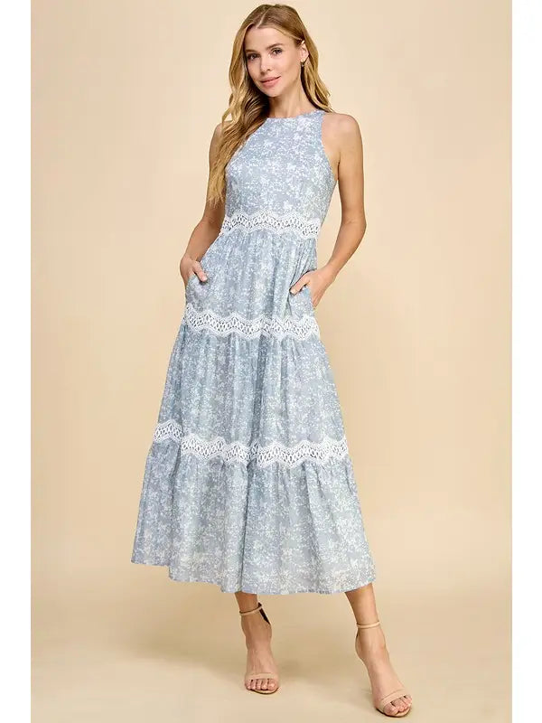 Blue Tiered Midi Dress - The Street Boutique 