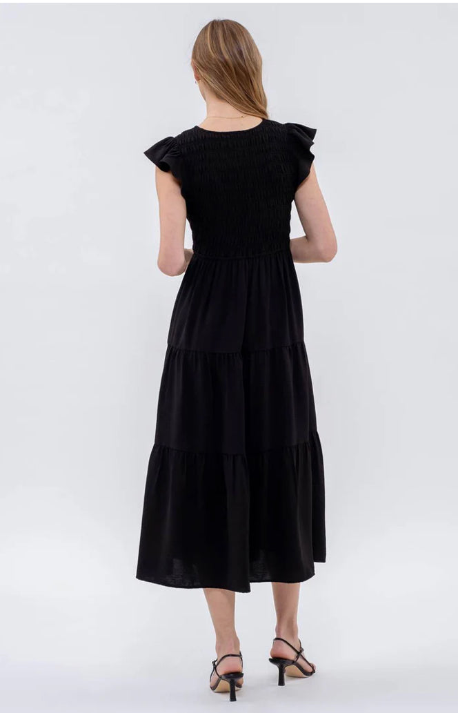 Flutter Sleeve Midi Dress in Black - The Street Boutique 