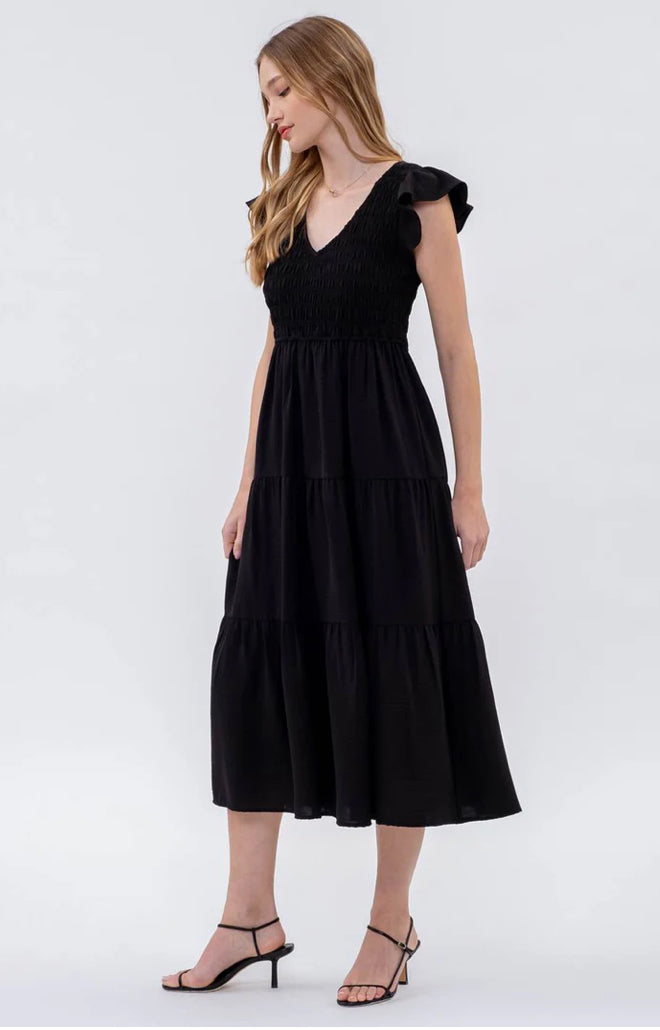 Flutter Sleeve Midi Dress in Black - The Street Boutique 
