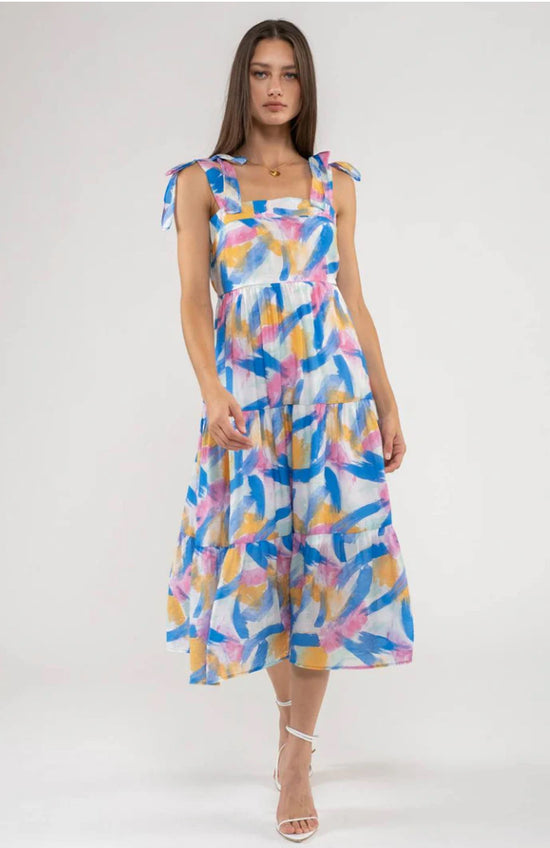 Brush Stroke Print Tiered Midi Dress - The Street Boutique 