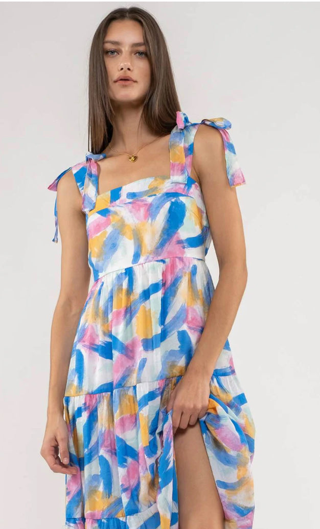 Brush Stroke Print Tiered Midi Dress - The Street Boutique 