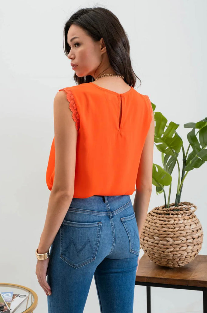 Orange Sleeveless Lace Trim Blouse - The Street Boutique 