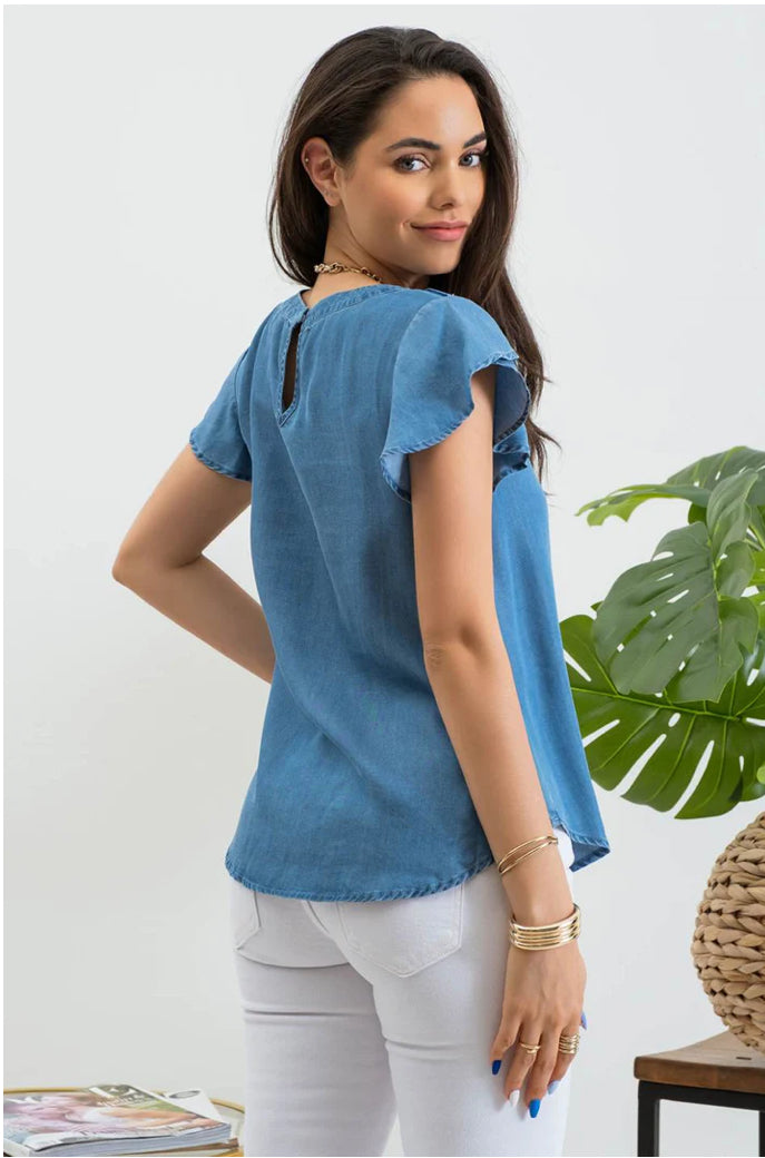 Chambray Petal Sleeve Lace Trim Blouse - The Street Boutique 