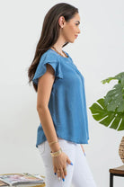 Chambray Petal Sleeve Lace Trim Blouse - The Street Boutique 