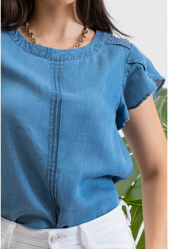 Chambray Petal Sleeve Lace Trim Blouse - The Street Boutique 