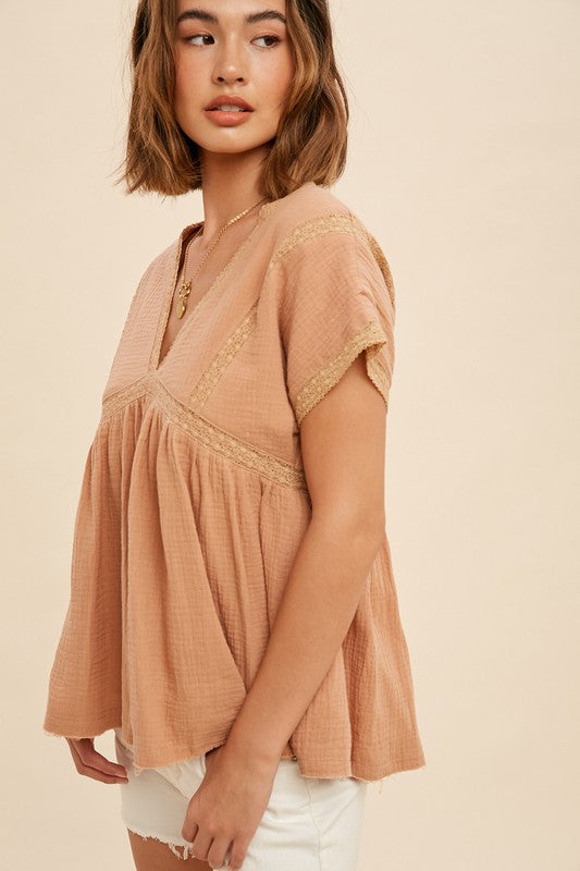 Sun Washed Lace Accent Blouse - The Street Boutique 