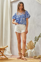 Royal Blue Print Embroidery Blouse - The Street Boutique 