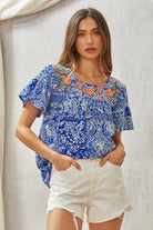 Royal Blue Print Embroidery Blouse - The Street Boutique 