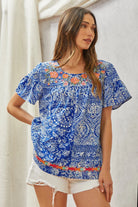 Royal Blue Print Embroidery Blouse - The Street Boutique 