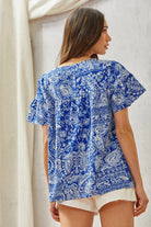 Royal Blue Print Embroidery Blouse - The Street Boutique 