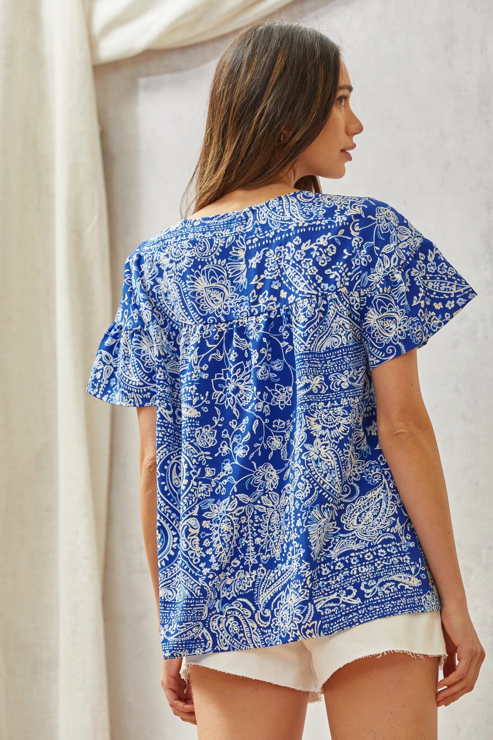 Royal Blue Print Embroidery Blouse - The Street Boutique 