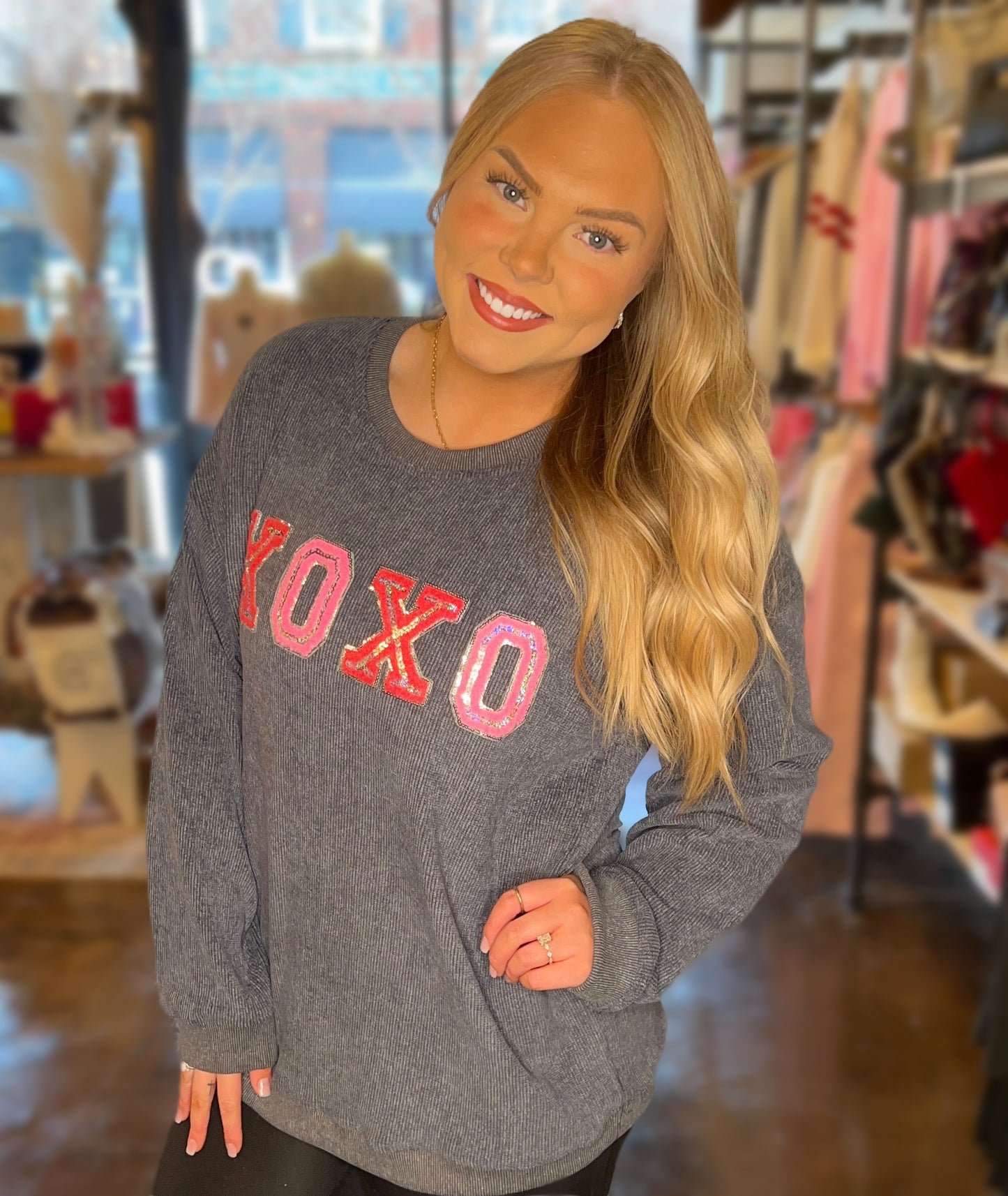 XOXO Sequin Corded Sweatshirt in Grey - The Street Boutique 