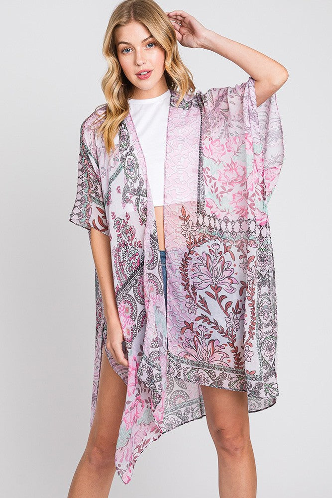 Pink Paisley Flower Print Kimono - The Street Boutique 