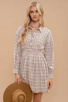 Plaid Button Down Long Sleeve Dress - The Street Boutique 