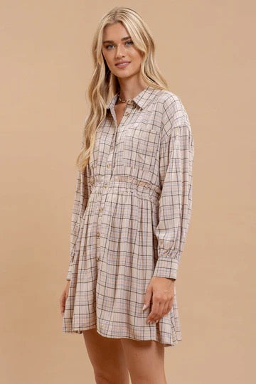 Plaid Button Down Long Sleeve Dress - The Street Boutique 