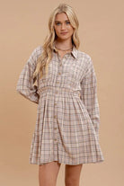 Plaid Button Down Long Sleeve Dress - The Street Boutique 