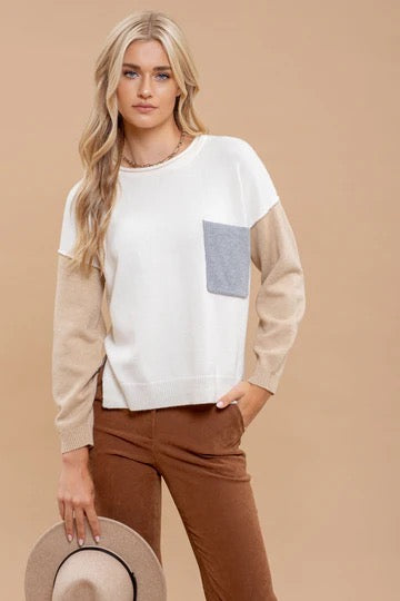 Cream Color Block Knit Sweater - The Street Boutique 