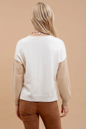 Cream Color Block Knit Sweater - The Street Boutique 