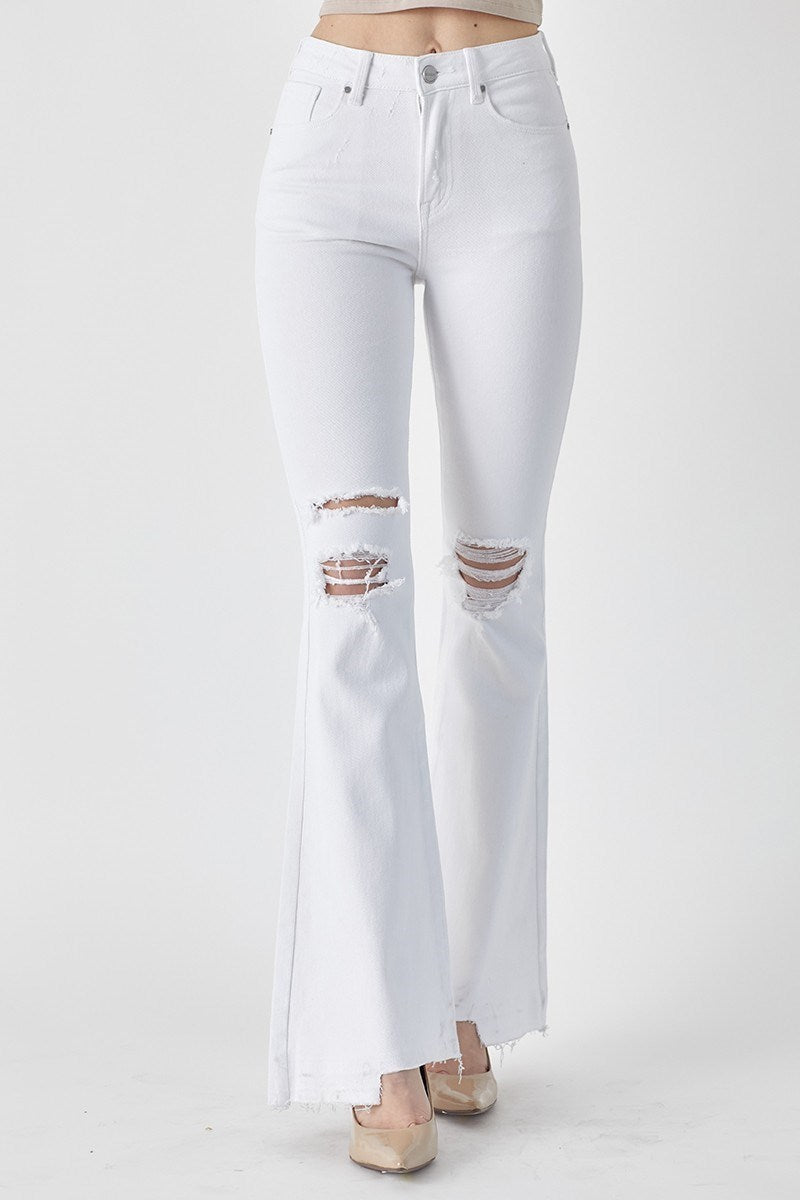 White High Rise Distressed Flare Jeans - The Street Boutique 