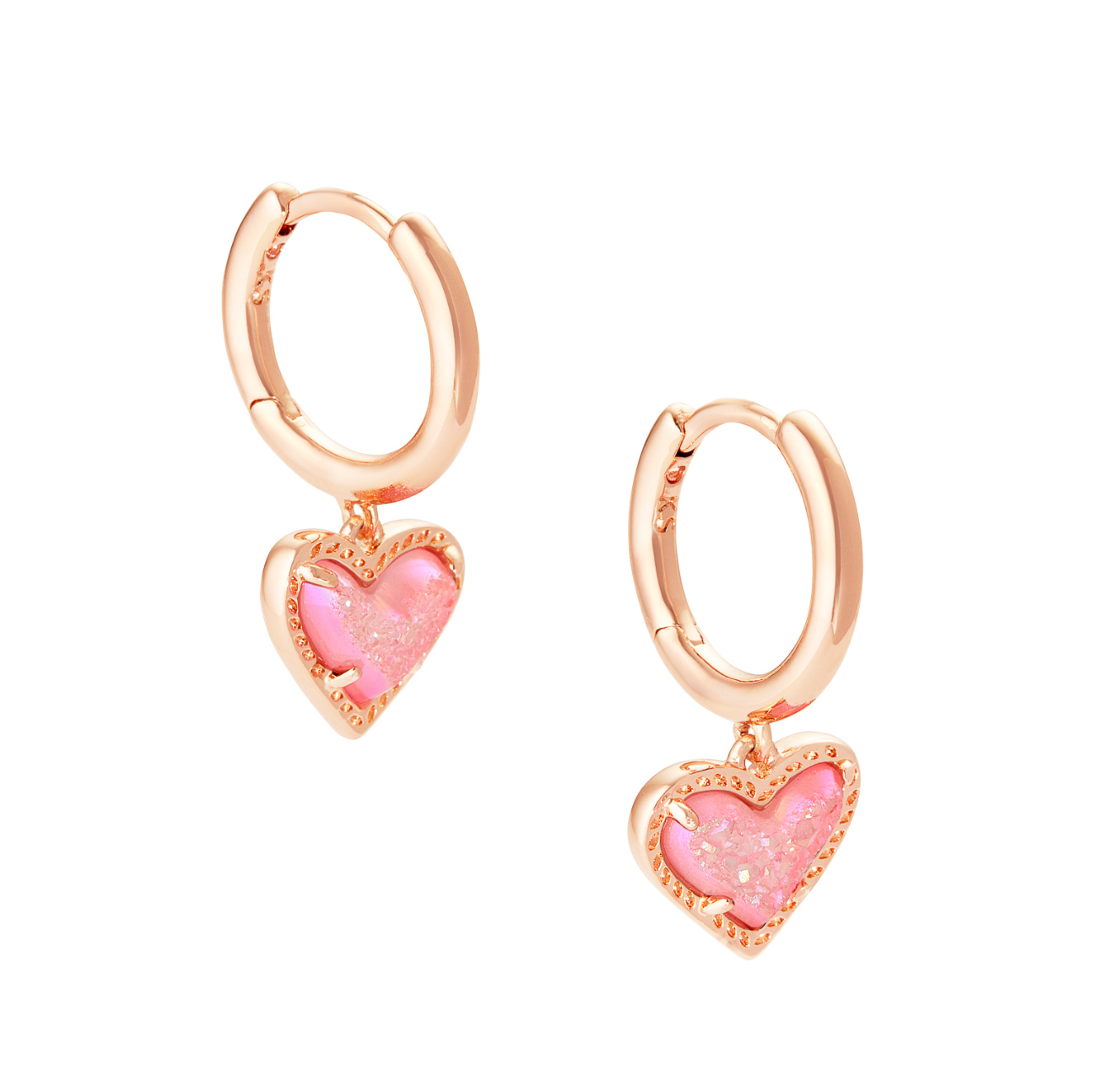 Load image into Gallery viewer, Ari Heart Rose Gold Huggie Earrings in Pink Drusy | KENDRA SCOTT - The Street Boutique 
