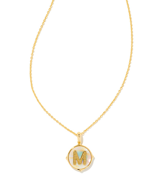 Load image into Gallery viewer, Letter &amp;quot;M&amp;quot; Gold Disc Reversible Pendant Necklace in Iridescent Abalone | KENDRA SCOTT - The Street Boutique 
