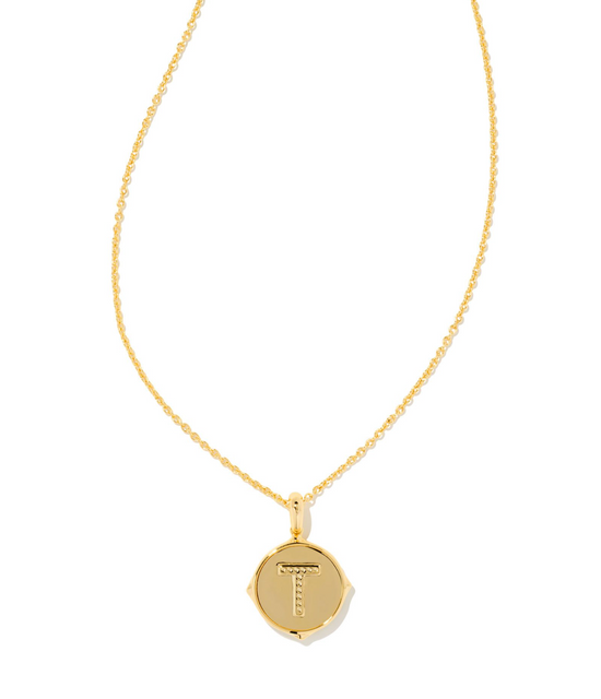 Load image into Gallery viewer, Letter &amp;quot;T&amp;quot; Gold Disc Reversible Pendant Necklace in Iridescent Abalone | KENDRA SCOTT - The Street Boutique 

