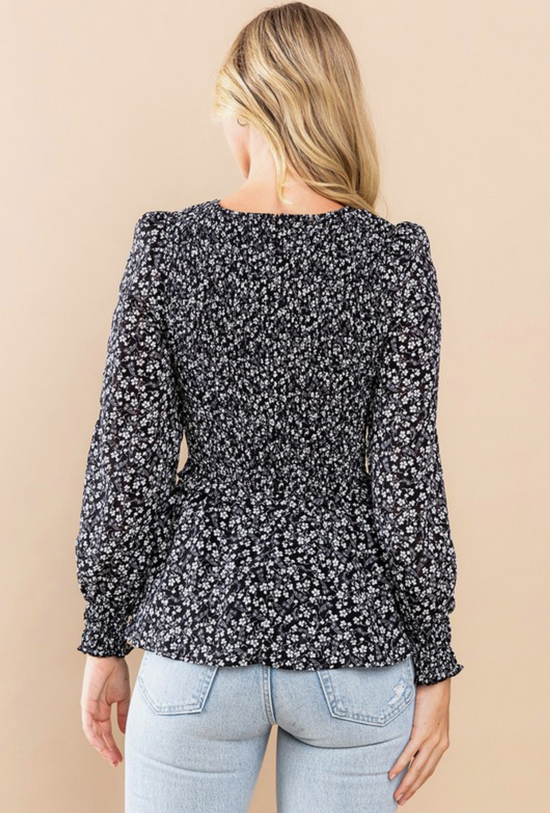 Smocked Long Sleeve Floral Blouse in Black - The Street Boutique 