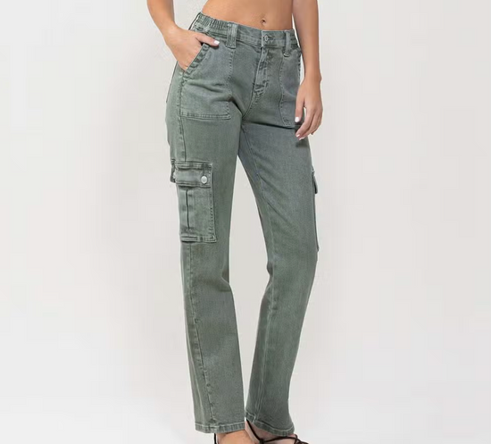 High Rise Straight Jean with Cargo Pocket Detail in Army Green - The Street Boutique 