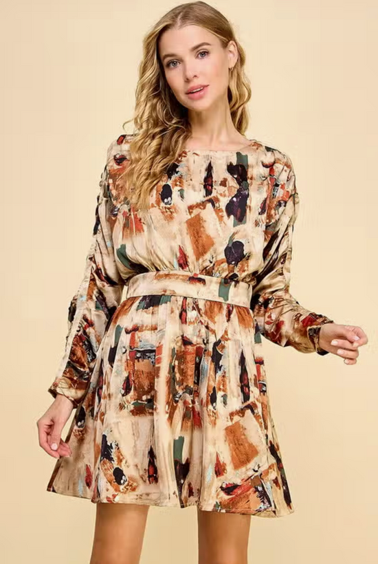 Load image into Gallery viewer, Ruched Sleeve Mini Dress in Multi Taupe - The Street Boutique 
