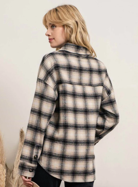 Extended Shoulder Plaid Shacket in Taupe Blue - The Street Boutique 