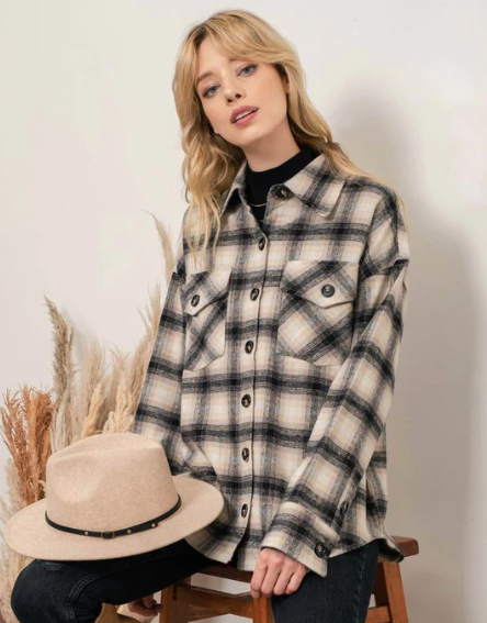 Extended Shoulder Plaid Shacket in Taupe Blue - The Street Boutique 