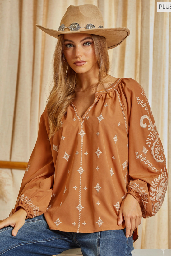 CURVY Embroidered V Neck Long Sleeve Blouse in Marigold - The Street Boutique 