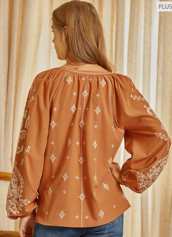 CURVY Embroidered V Neck Long Sleeve Blouse in Marigold - The Street Boutique 