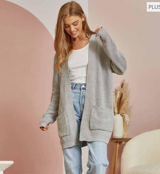 Load image into Gallery viewer, CURVY Long Sleeve Cardigan with Pockets in Grey - The Street Boutique 
