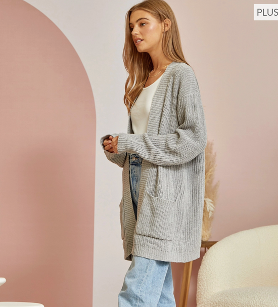 CURVY Long Sleeve Cardigan with Pockets in Grey - The Street Boutique 