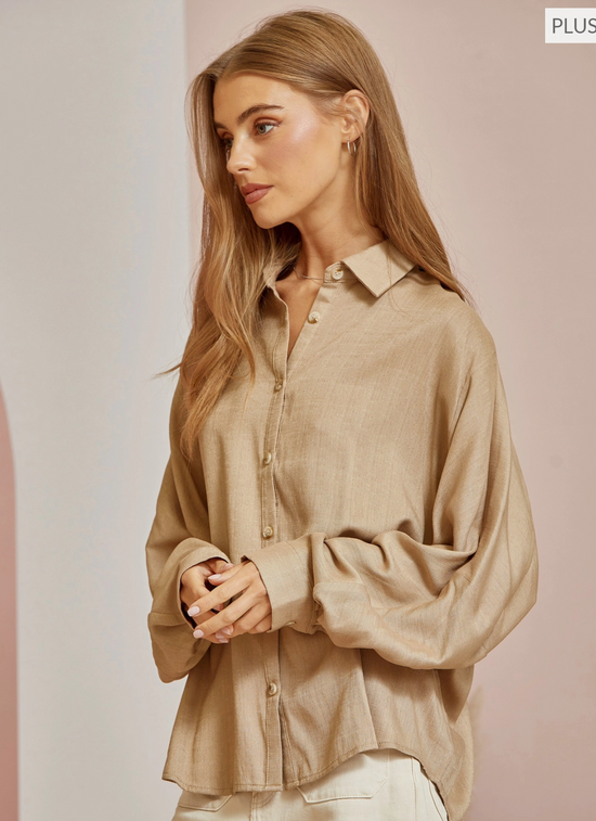 CURVY Woven Button Down Shirt in Mocha - The Street Boutique 
