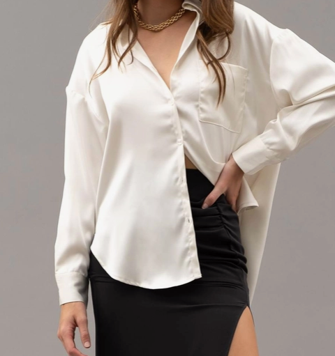 Drop Shoulder Long Sleeve Button Up Top in Satin White - The Street Boutique 