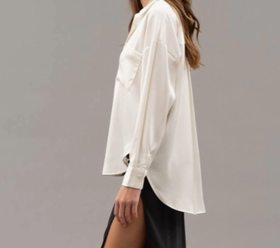Load image into Gallery viewer, Drop Shoulder Long Sleeve Button Up Top in Satin White - The Street Boutique 
